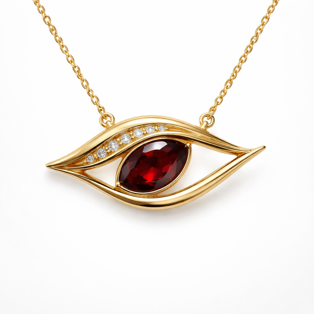 Take this jewelery design inspired by the eye of the horse simplify to make it modern insisting of using garnet