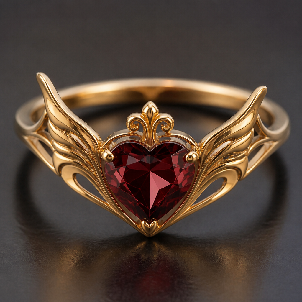 A art nouveau women's ring made of gold with garnet stones suitable for gift. une bague Fine avec deux ailes entourant la Pierre taillée en coeur
photorealistic jewelry design, A art nouveau women's ring made of gold with garnet stones suitable for gift. une bague Fine avec deux ailes entourant la Pierre taillée en coeur, art_nouveau style, just the design no text