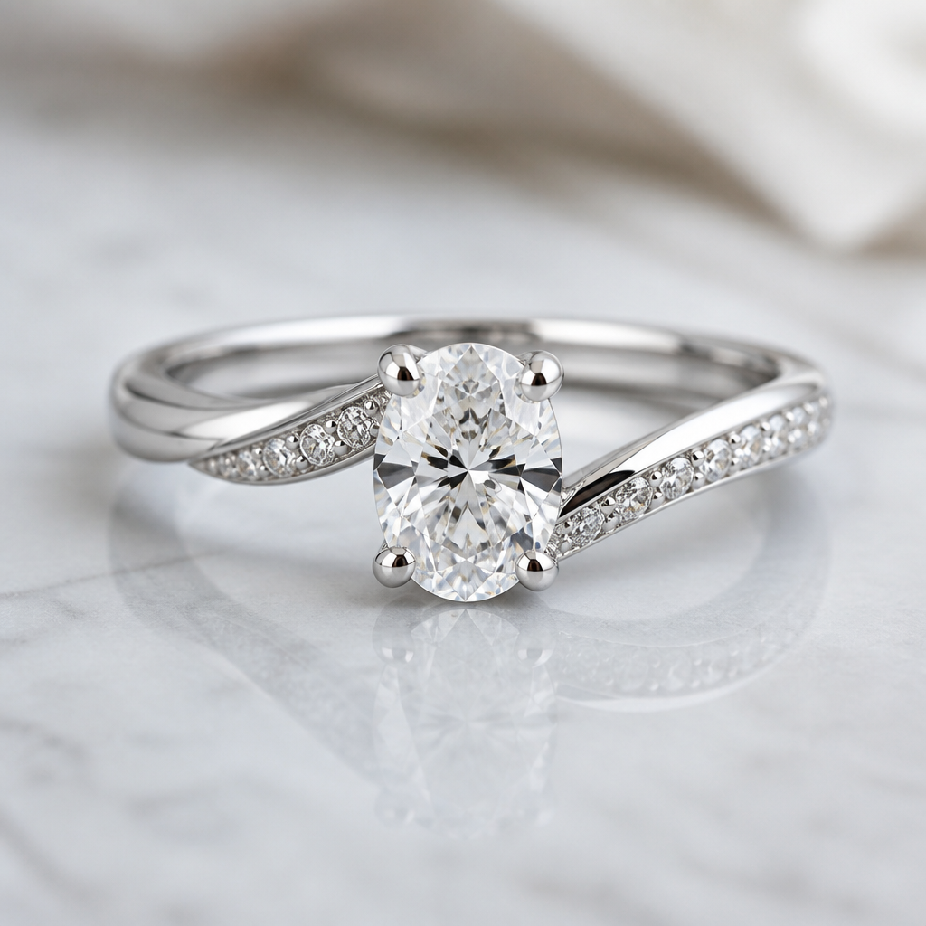 A contemporary women's ring made of white gold with diamond stones suitable for wedding. A 0.70-carat oval diamond is used as the center stone.
photorealistic jewelry design, A contemporary women's ring made of white gold with diamond stones suitable for wedding. A 0.70-carat oval diamond is used as the center stone., contemporary style, just the design no text