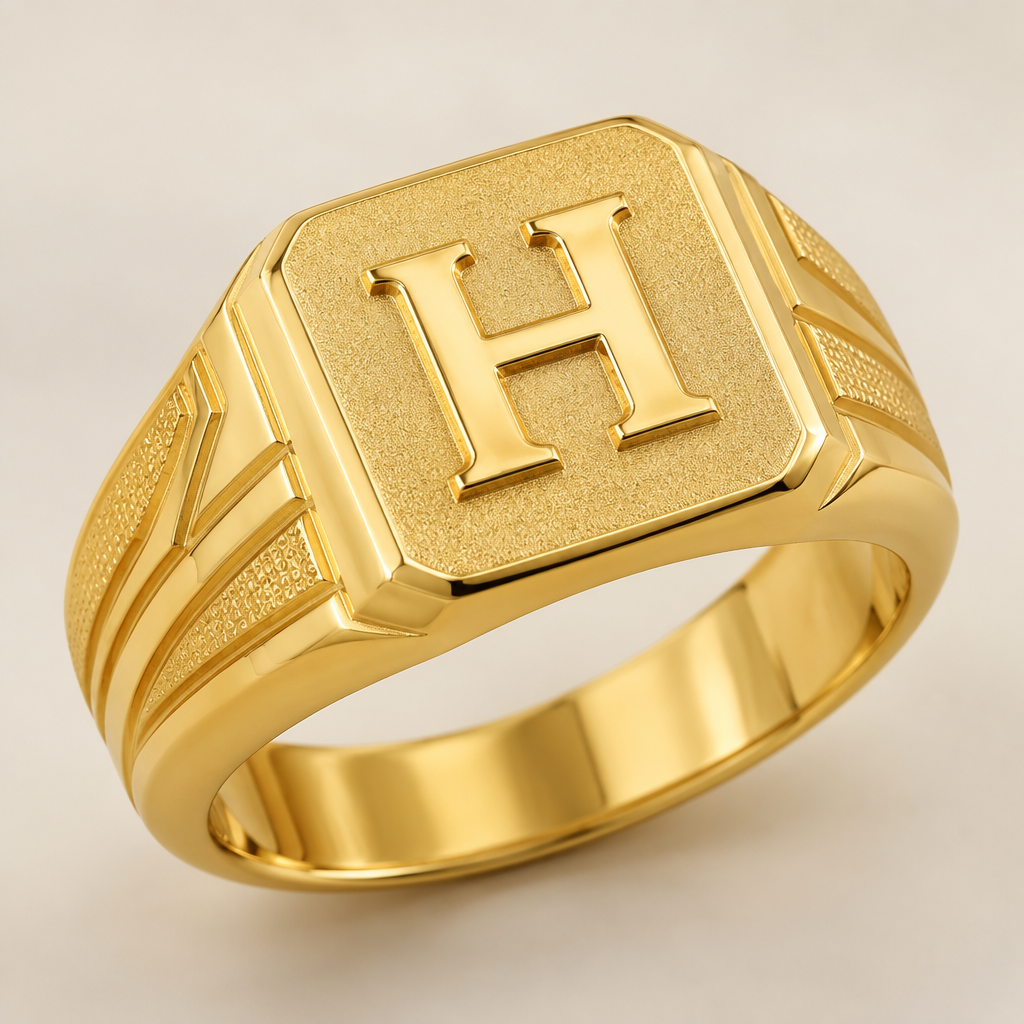 A women's ring. A simple gents box ring made with 24 karat gold with the letter H on lt face of the ring and simple aesthetic designs on the band of the ring
photorealistic jewelry design, A women's ring. A simple gents box ring made with 24 karat gold with the letter H on lt face of the ring and simple aesthetic designs on the band of the ring, modern style, just the design no text