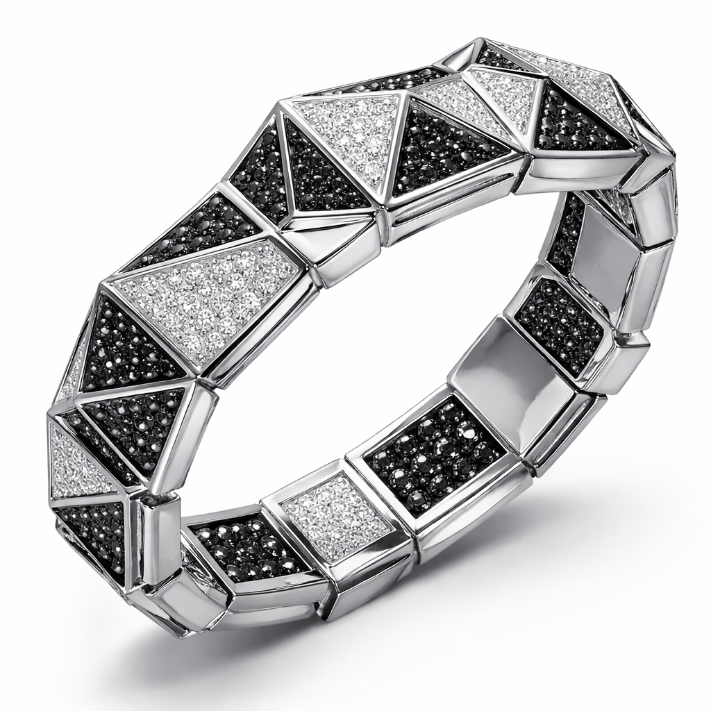 Geomatric pyramid sharp angles edgy angles bangle for men of rectangular and sqaure shape of white and blcak diamonds of unique design and special shape
