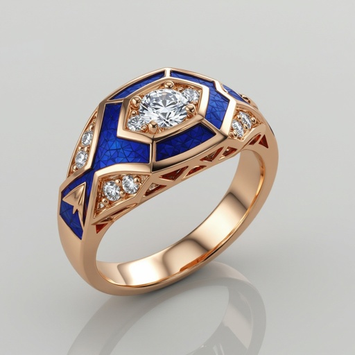 Pendant of different colors Geomatric edge of diamonds shaded of fish element in water background and vibes Rose gold ring, geometric diamonds, bezel set. Fish motif, blue enamel.