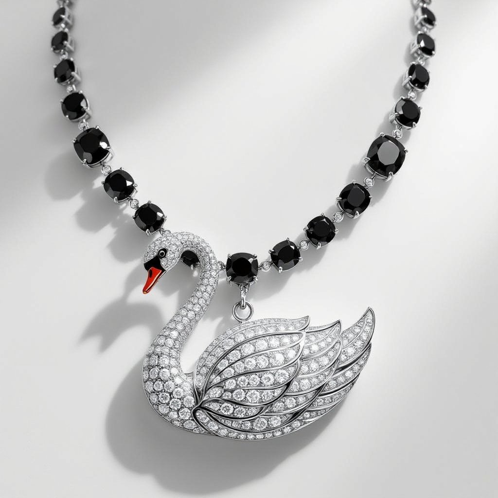 Make a high jewellery necklace with a swan studded with diamonds as the centre and black diamonds are present in the strand of the necklace and multiple black diamonds should be large and swan studded with white diamonds should also be large 