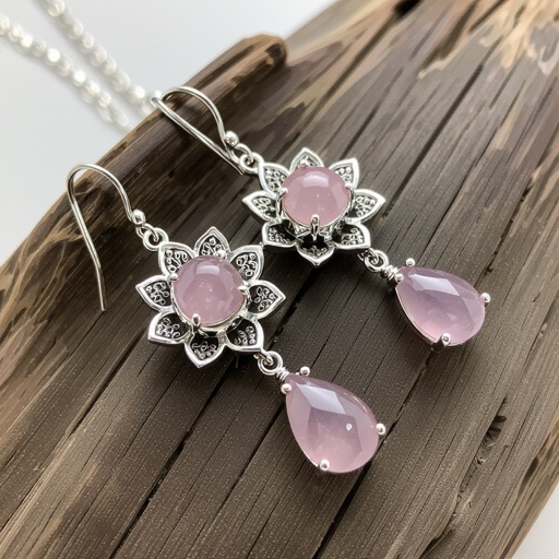 Светлое матовое золото. Серьги с лотосом на длинных цепочках. По центру лотоса камень необрабаботанного розового кварца, от лотоса идет цепочка с еще одним камнем кварца на конце. Серьги тонкие и легкие