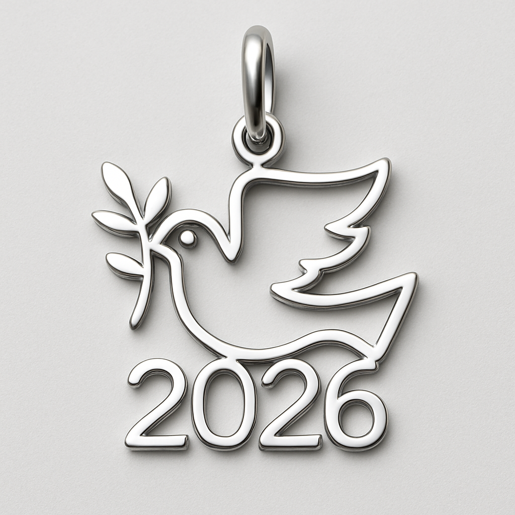 Silver minimal cut-out abstract charm blending together the pigeon of peace hold an olive branch along the year 2026