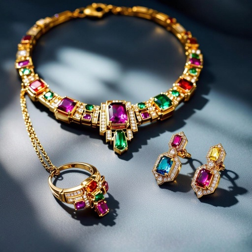 Necklace and ring and earring with luxury colorful jewel with gold