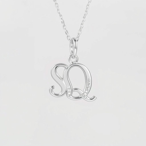 silver necklace with the pendant in conjoined letters SQ with white  stones. Make it cute and simple 