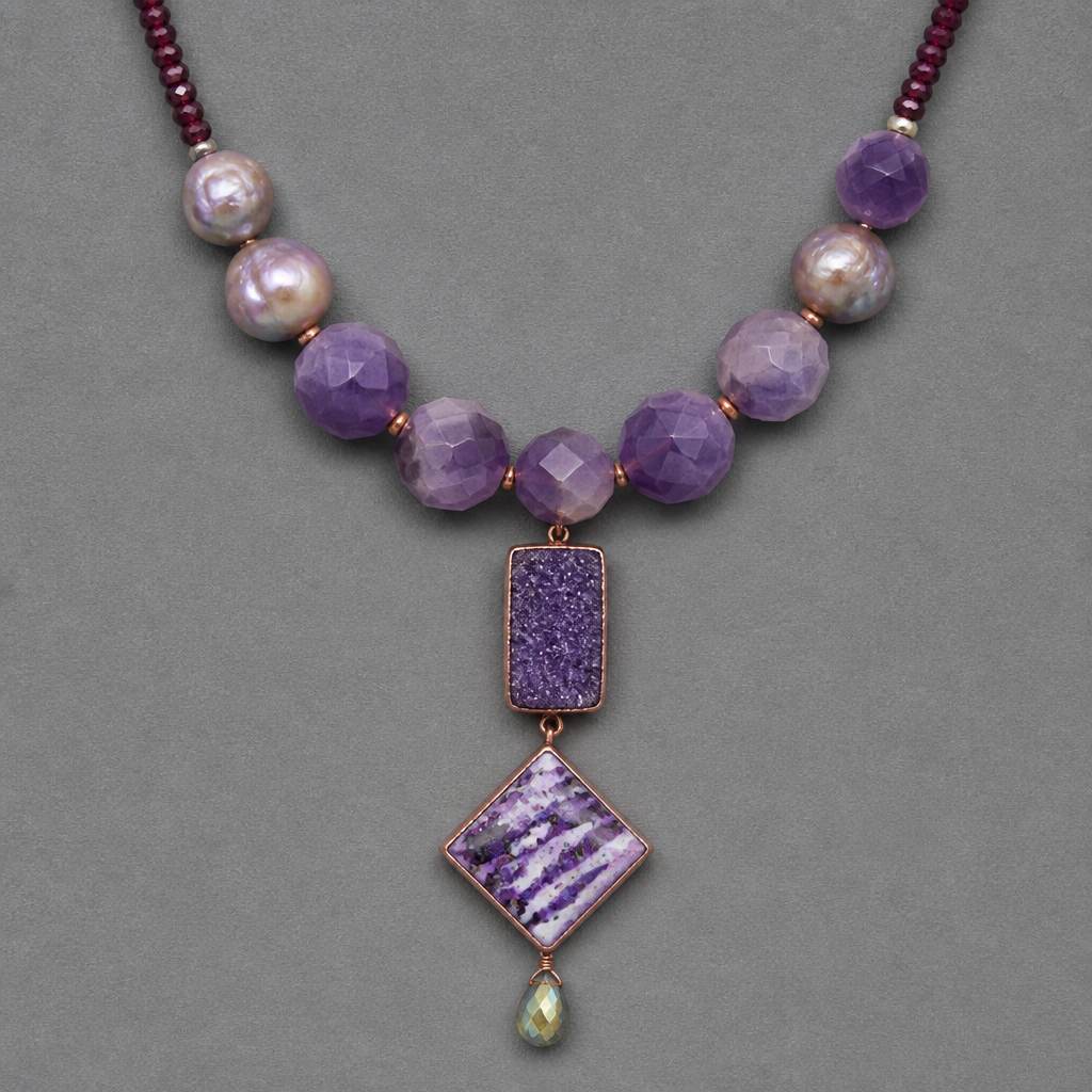 A women's necklace. create a necklace with a pendant that has a rectangular druzy amethyst with a copper enameled square that's hung diagonally below that that has an abstract enameled pattern of some speckles and some lines in white and different purples and lavenders, and a tiny teardrop that is translucent peridot color with AB coating. the pendant is hanging from some agatized faceted amethyst beads about 14 mm followed by some similar sized blister pearls followed by very fine faceted Garnet beads. use the beads in the photo
photorealistic jewelry design, A women's necklace. create a necklace with a pendant that has a rectangular druzy amethyst with a copper enameled square that's hung diagonally below that that has an abstract enameled pattern of some speckles and some lines in white and different purples and lavenders, and a tiny teardrop that is translucent peridot color with AB coating. the pendant is hanging from some agatized faceted amethyst beads about 14 mm followed by some similar sized blister pearls followed by very fine faceted Garnet beads. use the beads in the photo, modern style, just the design no text