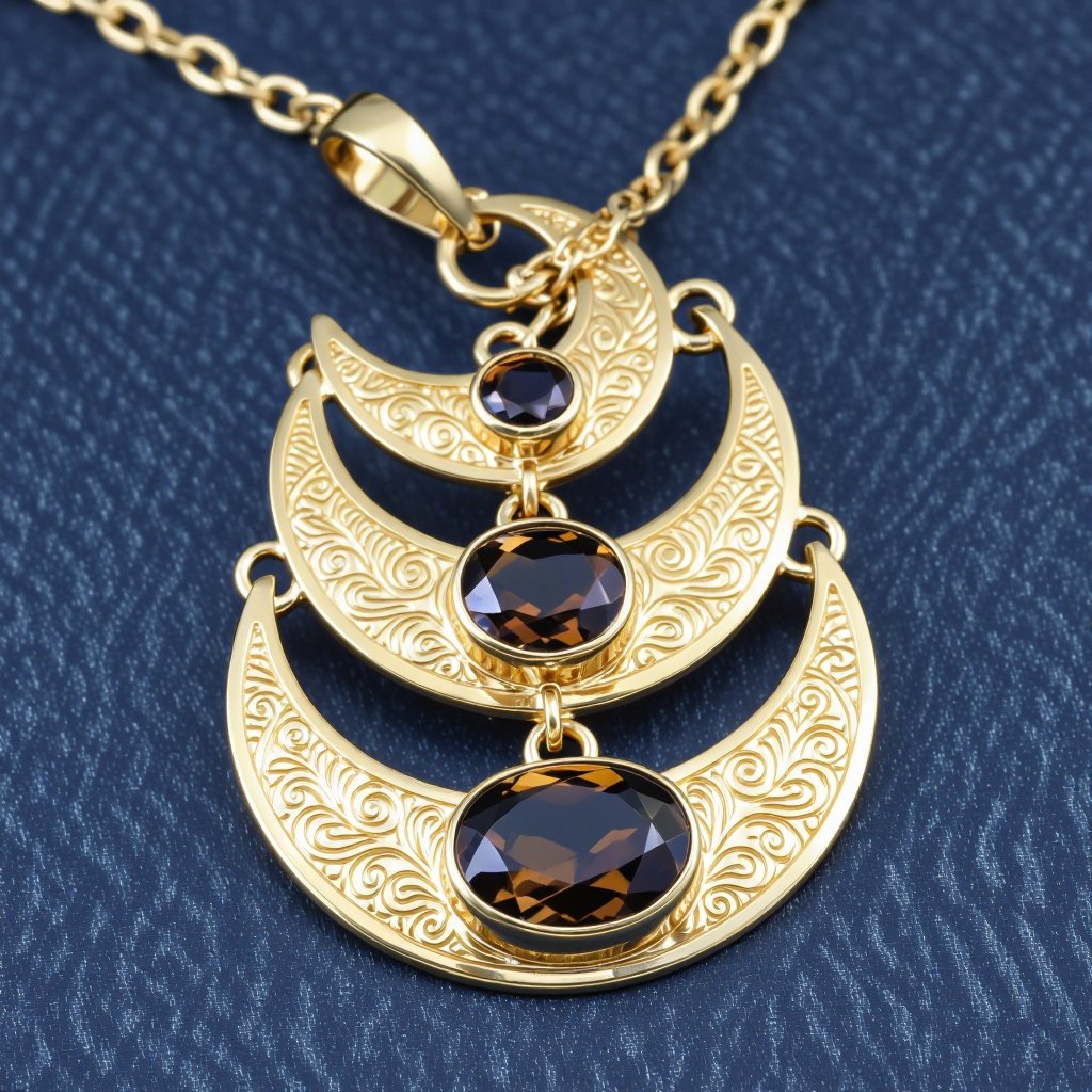  Подвеска из трех полумесяцев с узорами и камнями раухтопаза из матового неровного светлого золота с узорами соединенных цепочкой сверху самый широкий полукруг дальше средний и снизу самый маленький