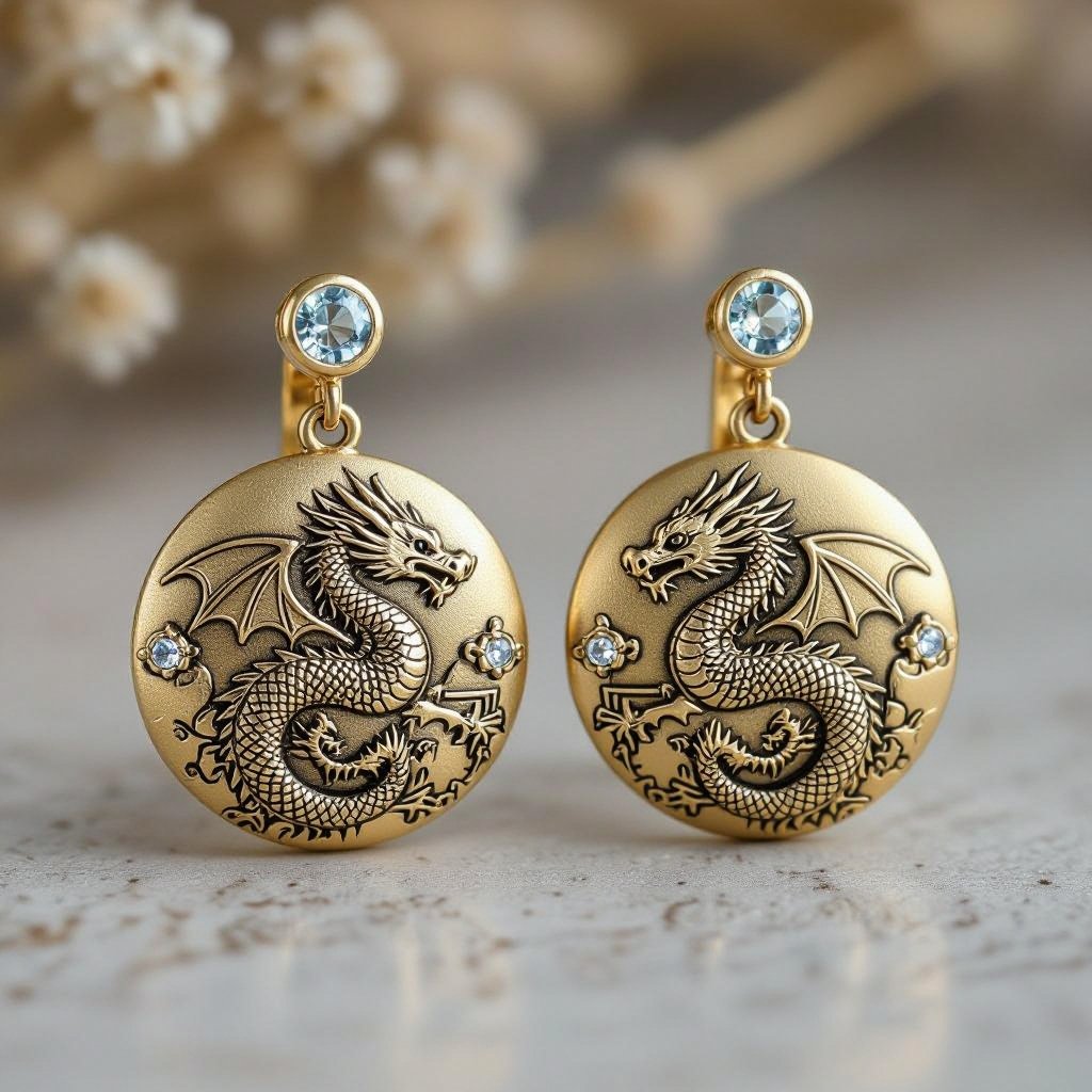 Золотые матовые серьги со схематическим изображением дракона узоры и камни мелкие раузтопаз