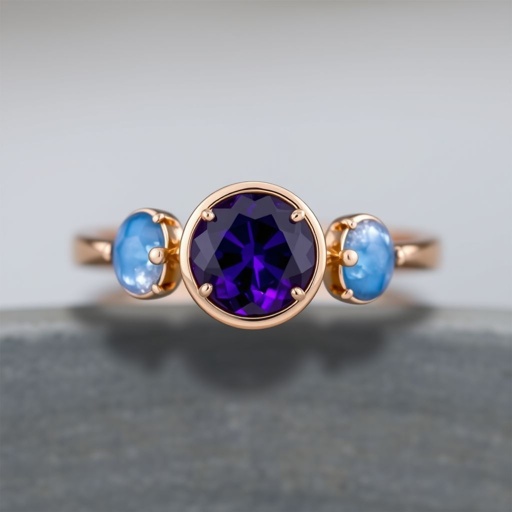 A simple, three stone 18 karat rose gold engagement ring set with a circular purple alexandrite. Also set with a small half moon cut blue chalcedony on one side right next to it, and a small half moon cut moonstone set on the other side right next to it. On the inside of the band, it has an inscription reading, “Tuum. Et in hac vita et in altera.”