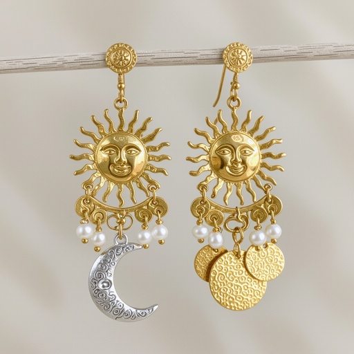 Золотые серьги словно мятое золото в форме солнца с волнистыми лучами крепится к застежке серьги. К нижней части солнца крепятся подвески: миниатюрная серебристая луна, очень маленький жемчуг и маленький золотой кружочек с мятым эффектом плоский
