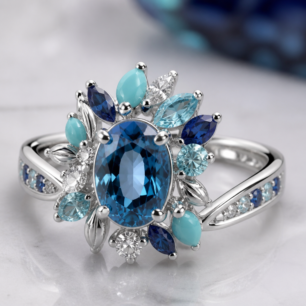 A women's ring made of platinum with diamond and sapphire and turquoise and aquamarine stones suitable for engagement
photorealistic jewelry design, A women's ring made of platinum with diamond and sapphire and turquoise and aquamarine stones suitable for engagement, modern style, just the design no text