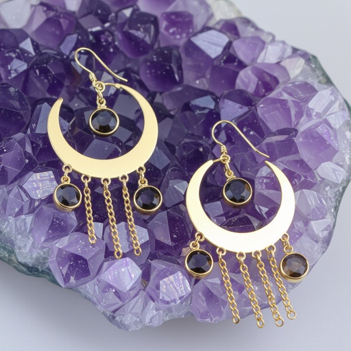 Золотые серьги полумесяц вертикальный 2 см, сверху крепится к швензе. От полумесяца идет три цепочки золотого цвета, у каждой на конце камушек раухтопаз