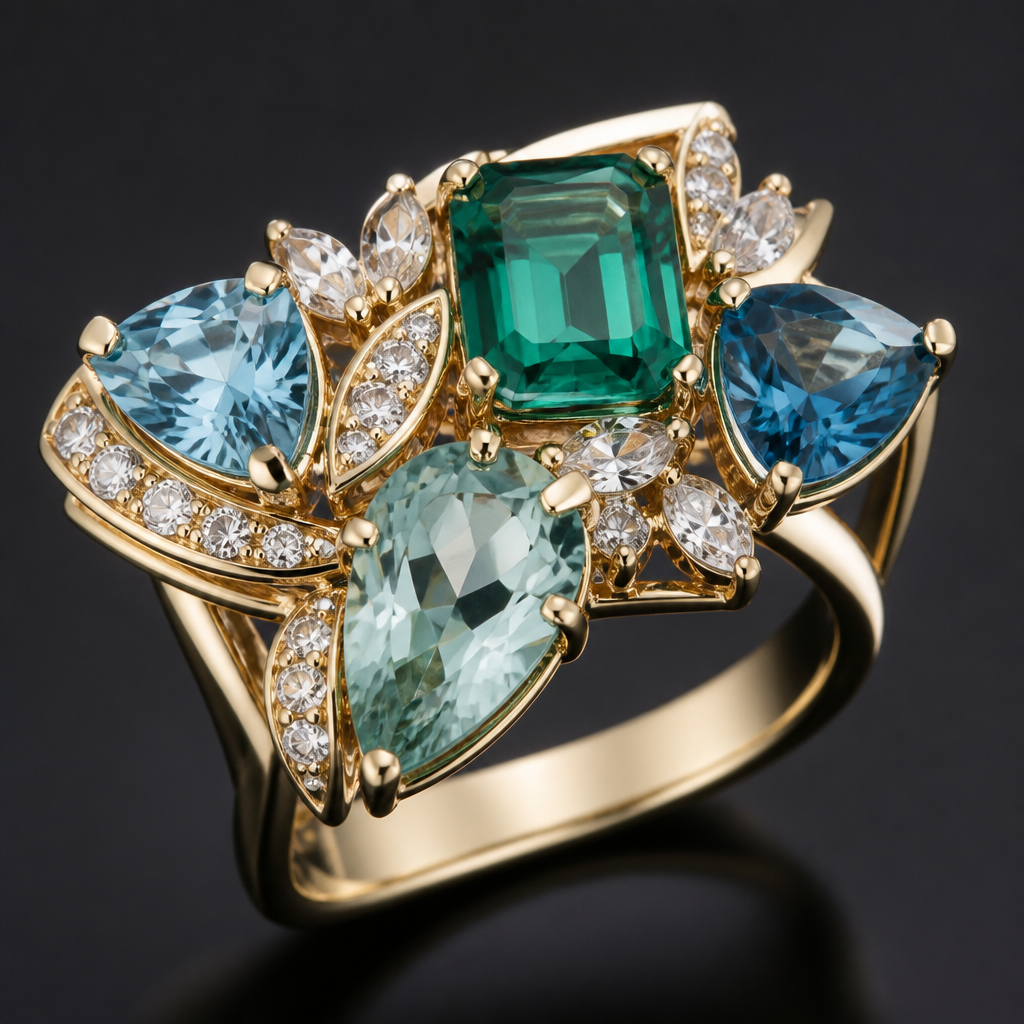A women's ring made of gold with diamond and emerald and topaz and aquamarine stones
photorealistic jewelry design, A women's ring made of gold with diamond and emerald and topaz and aquamarine stones, modern style, just the design no text