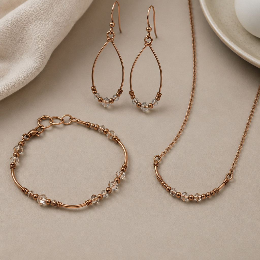 A luxury women's earrings made of copper suitable for daily wear, minimalist, simple and delicate, clean lines. made from wire, seed beads and crystal beads a set of earrings with matching bracelet and necklace
photorealistic jewelry design, A luxury women's earrings made of copper suitable for daily wear, minimalist, simple and delicate, clean lines. made from wire, seed beads and crystal beads a set of earrings with matching bracelet and necklace, luxury style, just the design no text