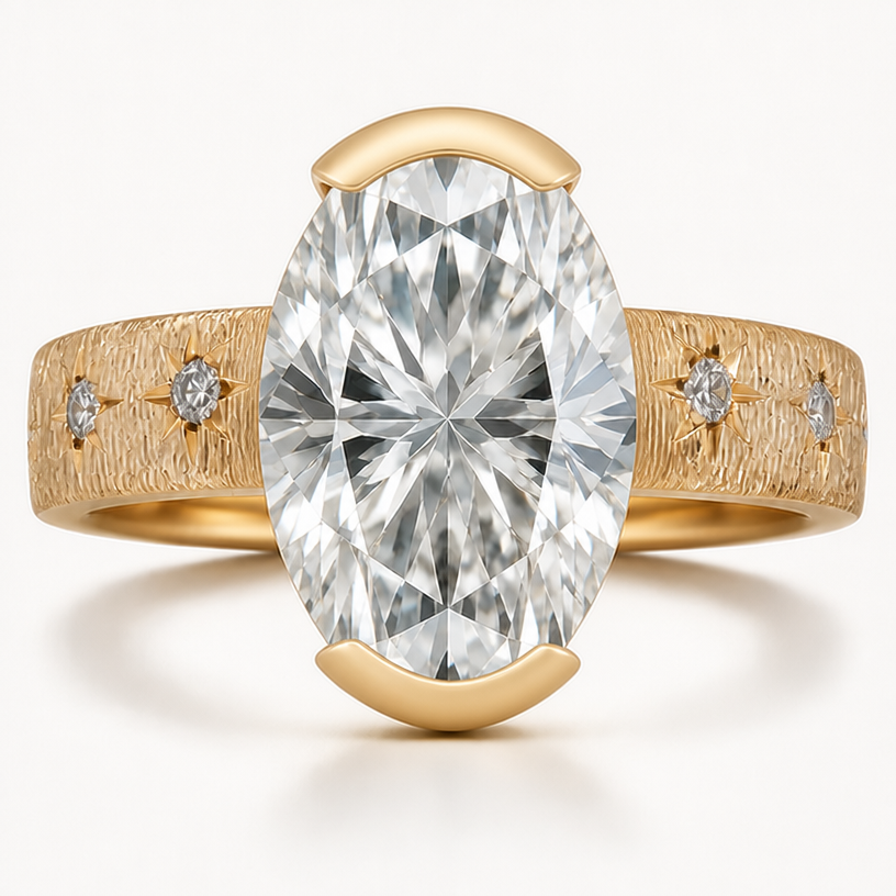 thicken the bezel wall on north and south of the oval stone, remove the east and west bezel
edit the attached jewelry design with these instructions: thicken the bezel wall on north and south of the oval stone, remove the east and west bezel. keep it photorealistic, just the design no text