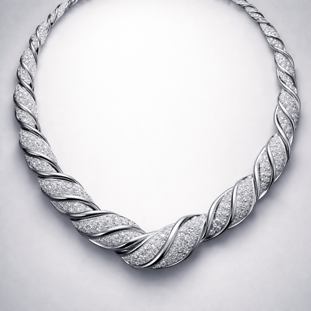 A necklace that is twisted and has diamonds and is made of separate pieces that links together