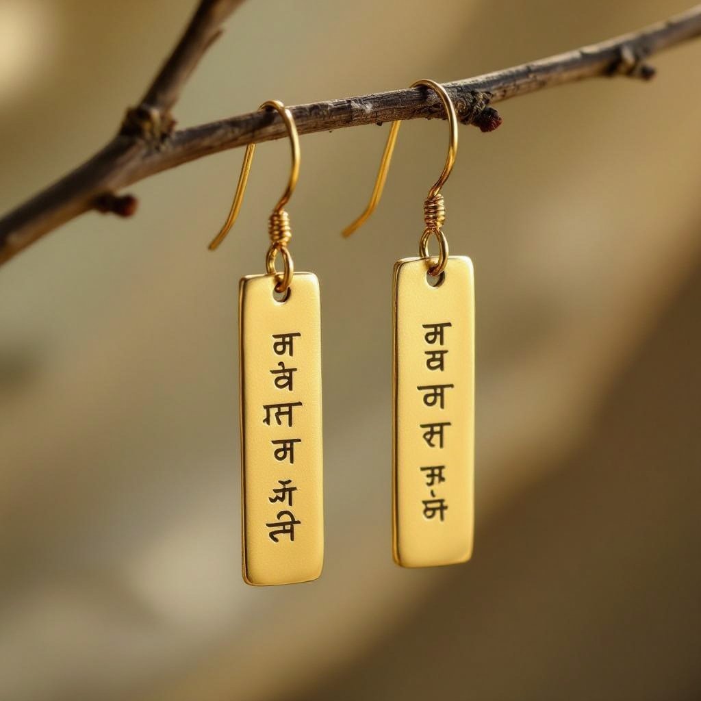 Золотые матовые серьги. На подвеска и виде тонкого длинного прямоугольника. На нем написаны мантры на санскрите. 