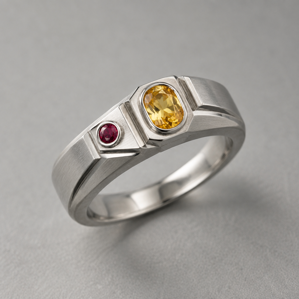 A men's ring made of silver with sapphire and ruby stones suitable for daily wear, minimalist, simple and delicate, clean lines. Ein Silberring mit einem kleinen runden Rubin und einem ovalen gelben Saphir mit geometrischen Formen
photorealistic jewelry design, A men's ring made of silver with sapphire and ruby stones suitable for daily wear, minimalist, simple and delicate, clean lines. Ein Silberring mit einem kleinen runden Rubin und einem ovalen gelben Saphir mit geometrischen Formen, modern style, just the design no text