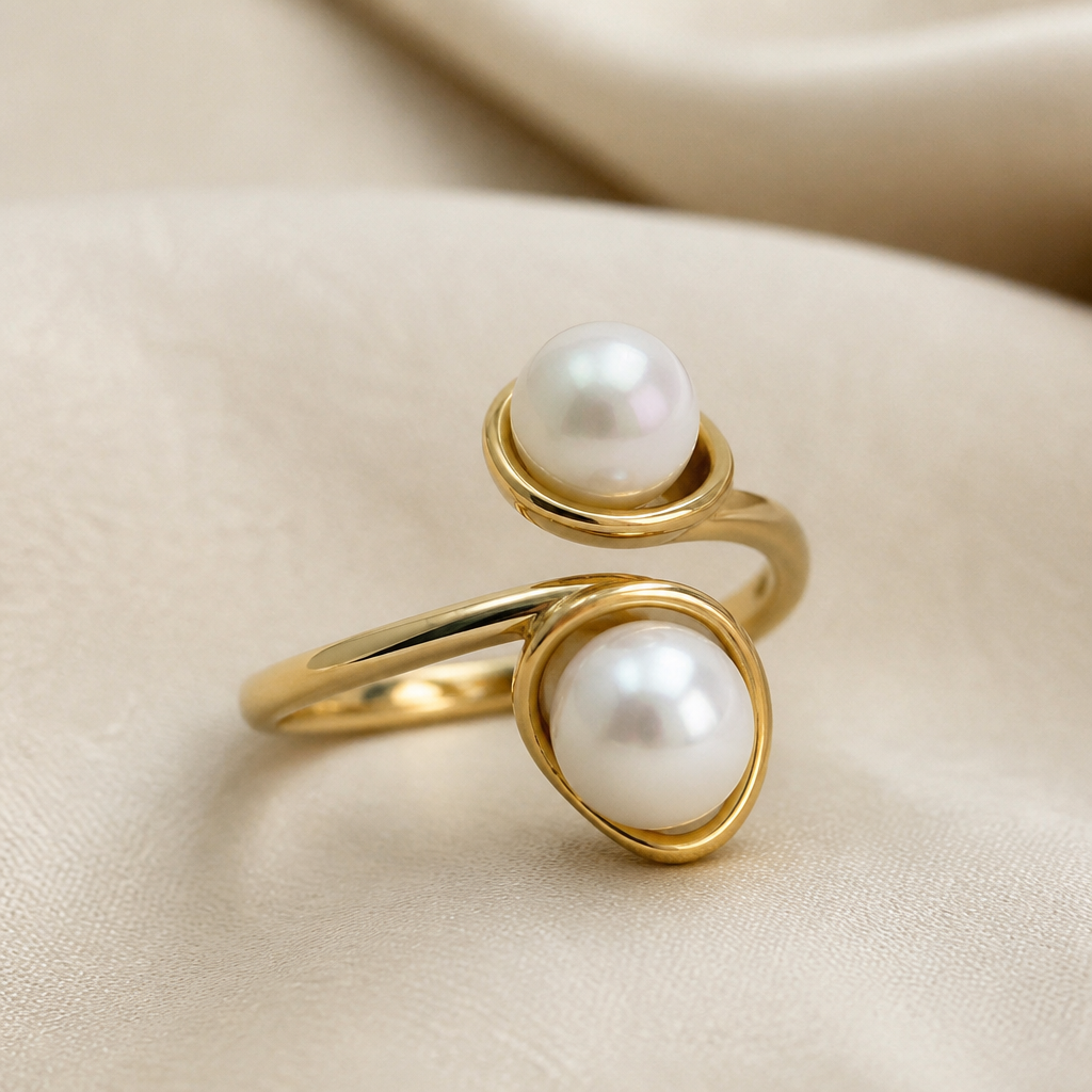 A modern women's ring made of gold with pearl stones. don't change this earing
photorealistic jewelry design, A modern women's ring made of gold with pearl stones. don't change this earing, modern style, just the design no text