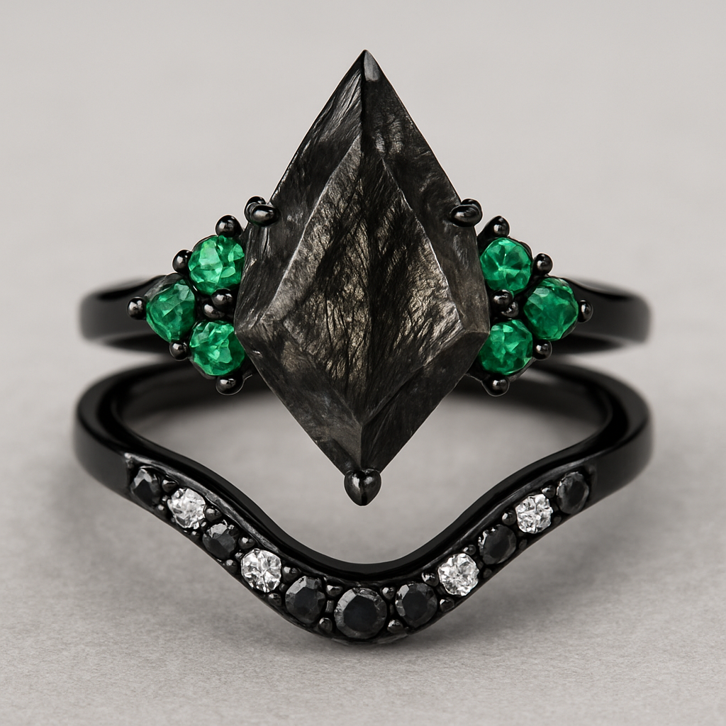 Black band, long kite cut rutilated black quartz upside down, emerald accent stones 3 on each side in a cluster, add a wedding band that curves around main stone with black and white stones