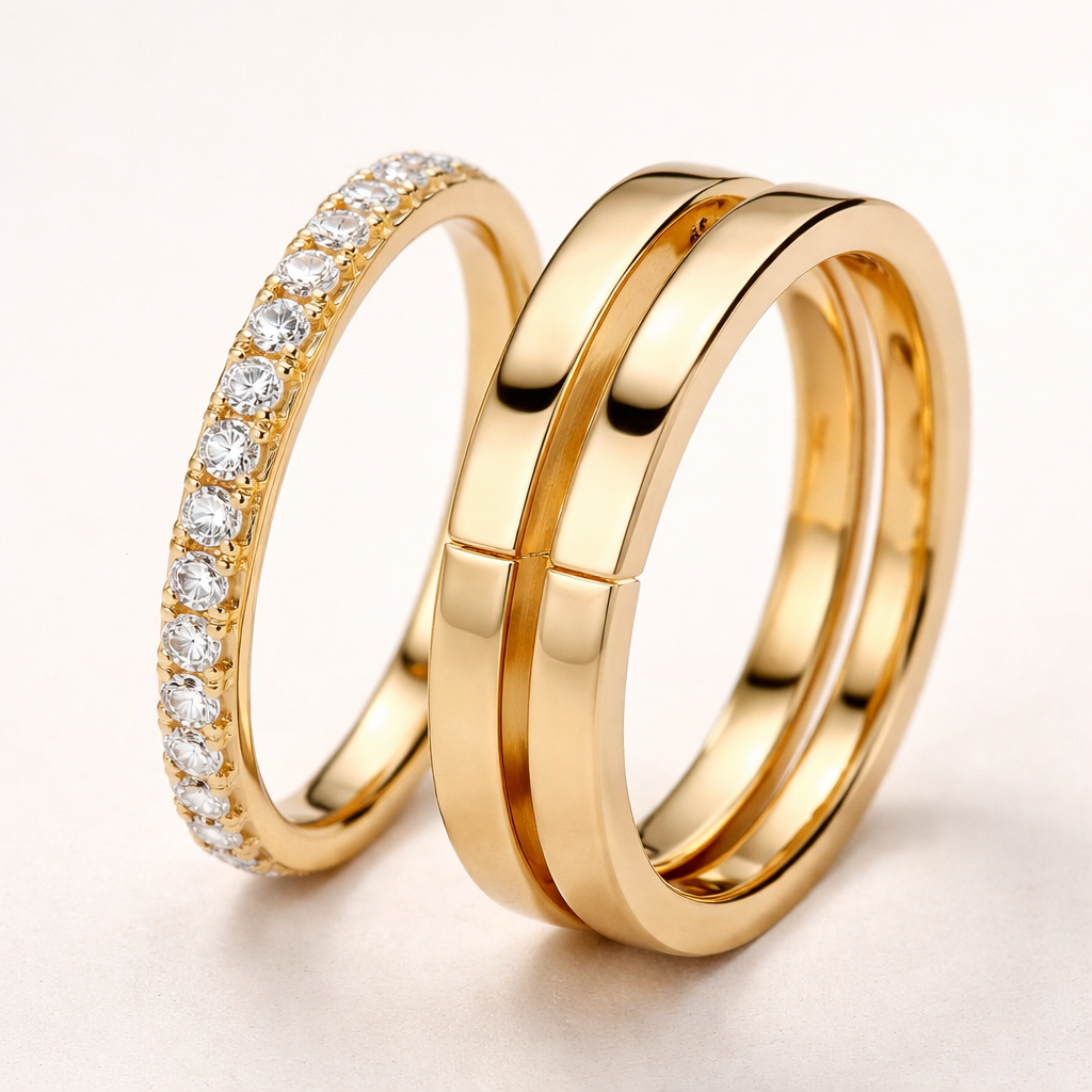 Crée moi 2 alliance en or jaune une demi alliance américaine en or jaune et diamant de 15/10 taille 54 et la deuxième en taille 58 avec un fil carré un espace de la dimension de la bague 1 puis un fil rectangle