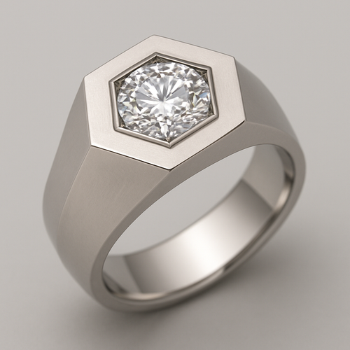 Men ring with hexagon shaped surface have big diamond in the middle 