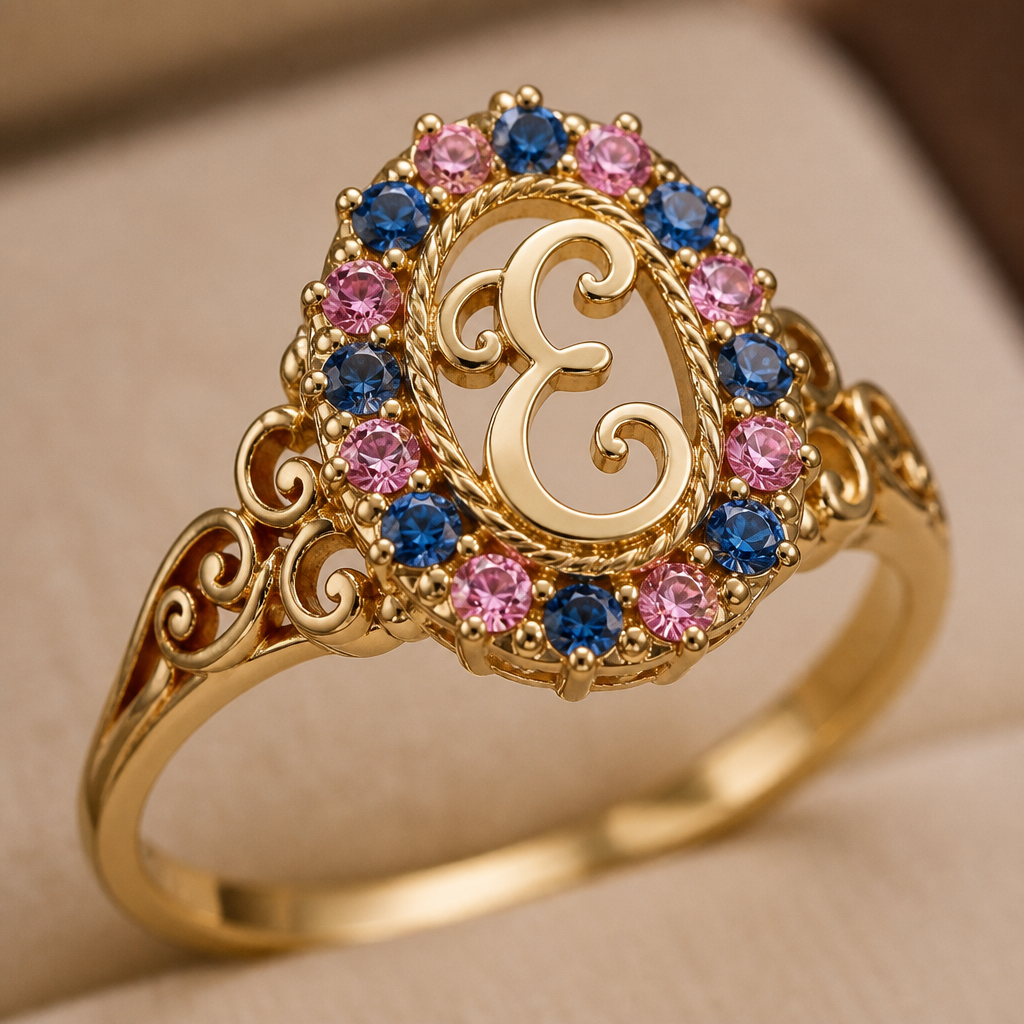 A classic women's ring made of gold, detailed and decorative, moderately ornate. um anel de 15 anos com inicial E com pedrinhas azul e pedrinhas rosa em volta
photorealistic jewelry design, A classic women's ring made of gold, detailed and decorative, moderately ornate. um anel de 15 anos com inicial E com pedrinhas azul e pedrinhas rosa em volta, classic style, just the design no text