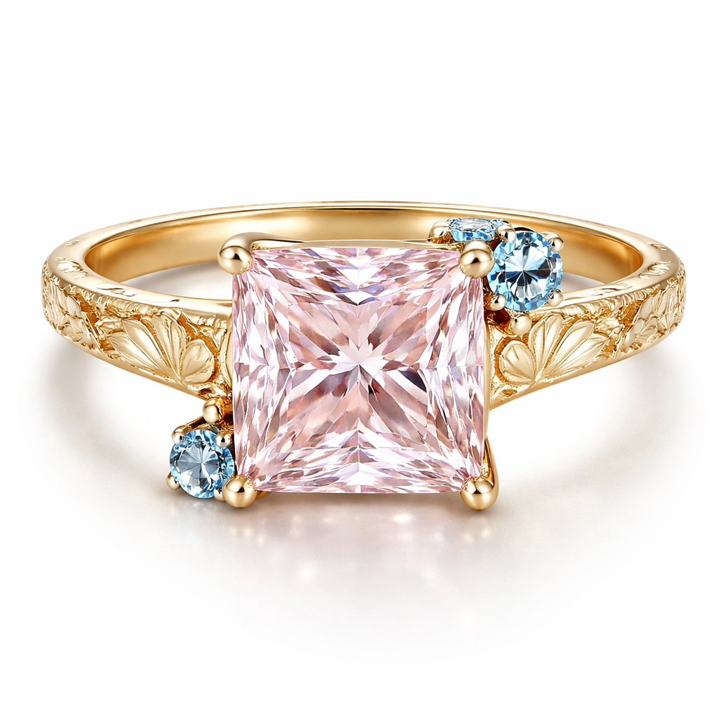 a light pink princess cut 4ct diamond ring with two small 0.25ct blue diamonds on the top right of the main light pink diamond and a small 0.25ct blue diamond on the corner of the bottom left of the main diamond with lotuses engraved on a gold band