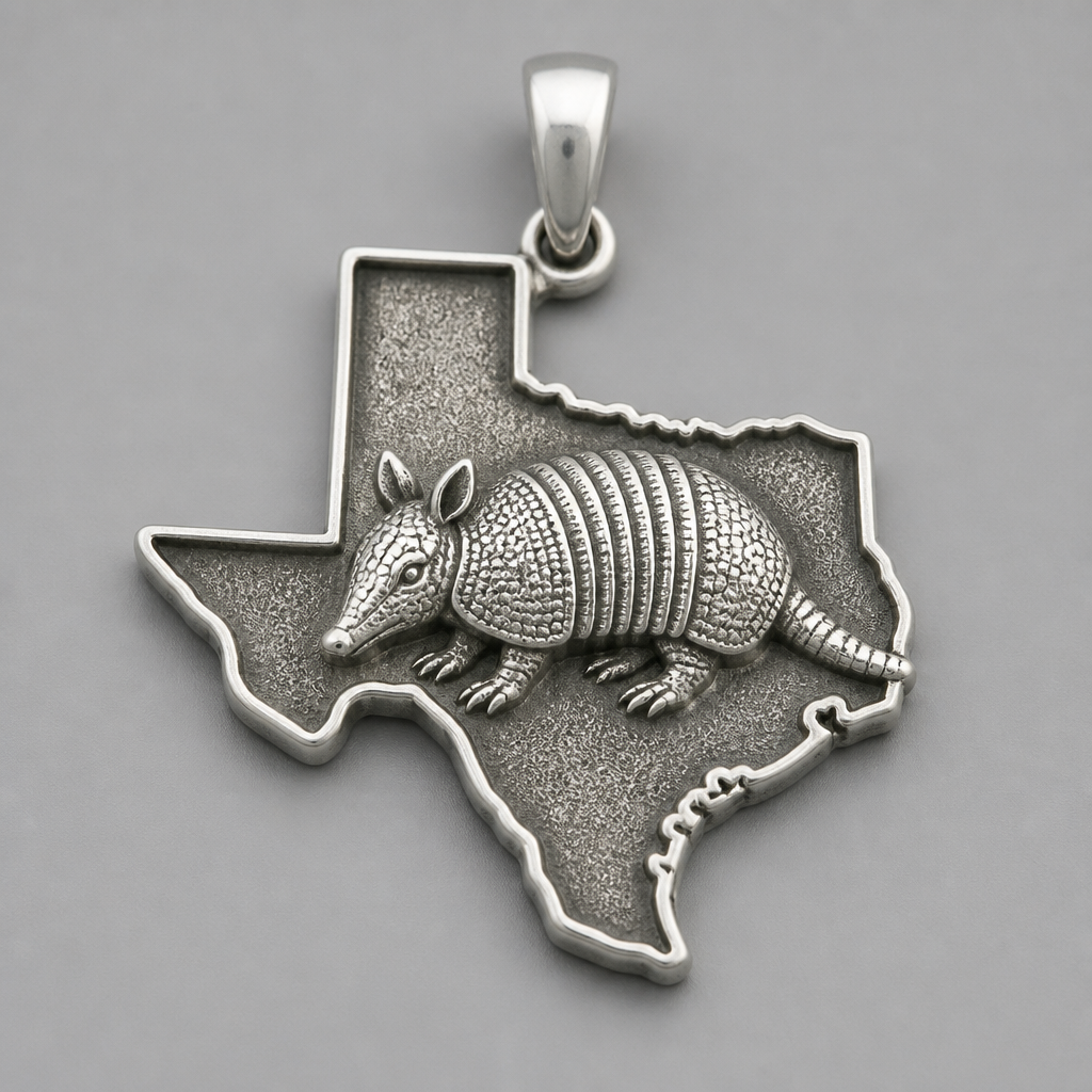 Texas road armadillo pendant silver
photorealistic jewelry design, Texas road armadillo pendant silver , just the design no text