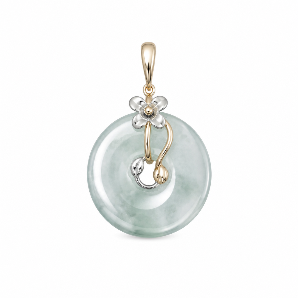 A minimalist and fresh pendant design, featuring an ice-species jadeite Ping'an Kou (safety donut), with a delicate and simple floral motif, subtle 18k gold and white gold accents, clean lines, elegant fine jewelry sketch, high transparency jade texture, studio lighting.
photorealistic jewelry design, A minimalist and fresh pendant design, featuring an ice-species jadeite Ping'an Kou (safety donut), with a delicate and simple floral motif, subtle 18k gold and white gold accents, clean lines, elegant fine jewelry sketch, high transparency jade texture, studio lighting., just the design no text