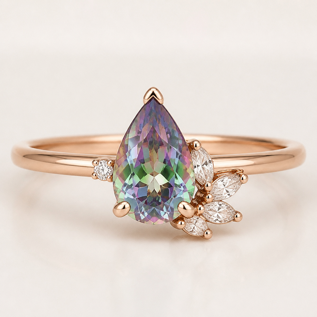 "''''pear shape mystic moissanite center with tiny 3 marquis on slightly lower right side and one very small round on left side in rose gold setting ring
photorealistic jewelry design, "''''pear shape mystic moissanite center with tiny 3 marquis on slightly lower right side and one very small round on left side in rose gold setting ring, just the design no text