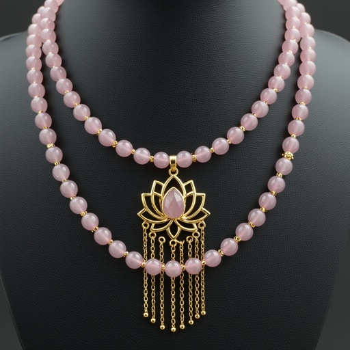 Длинное колье из мелкого розового кварца посредине лотос от лотоса идут цепочки золотые вниз