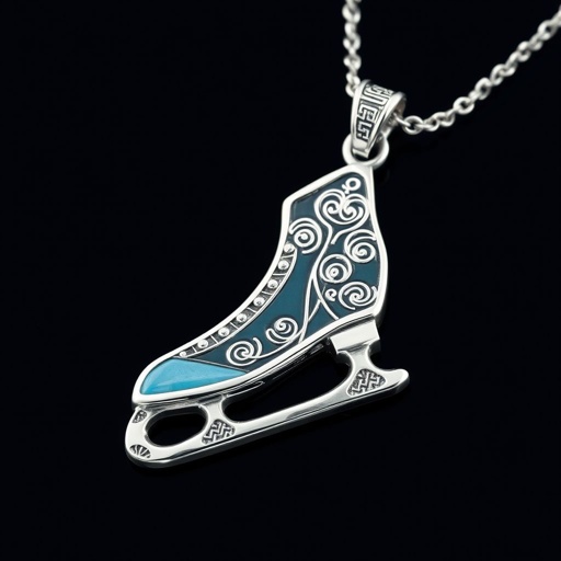Silver Pendant shape one ice skate with turquoise stripe inside the low thin part blade