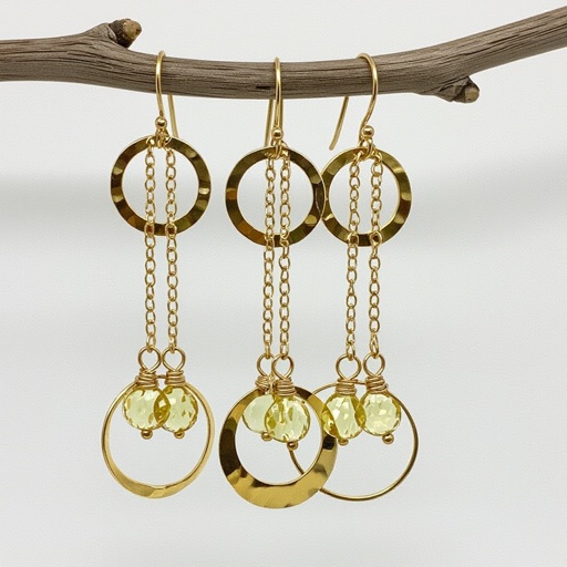 Золотые серьги словно мятое золото в форме узкого изящного полумесяца. Верхушка полумесяца крепится к застежке серьги.  От полумесяца идет три цепочки, у каждой на конце мелкий камушек цитрин