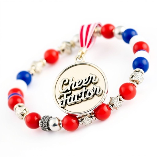 Red white and blue medal bracelet that says cheer factor