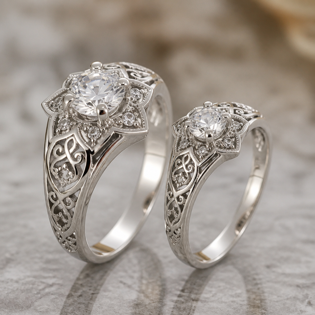 Silver set consisting of two matching rings with a white main crystal
photorealistic jewelry design, Silver set consisting of two matching rings with a white main crystal , islamic style, just the design no text
