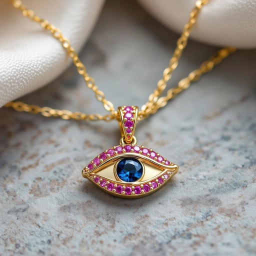Тонкая цепочка с золотыми шариками и мелкими розовыми камушками на цепочке есть кулон в форме глаза, зрачок глаза из темно синего камня 