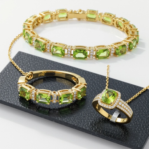 Modern peridot earring and necklace and ring  jewelry design with gold