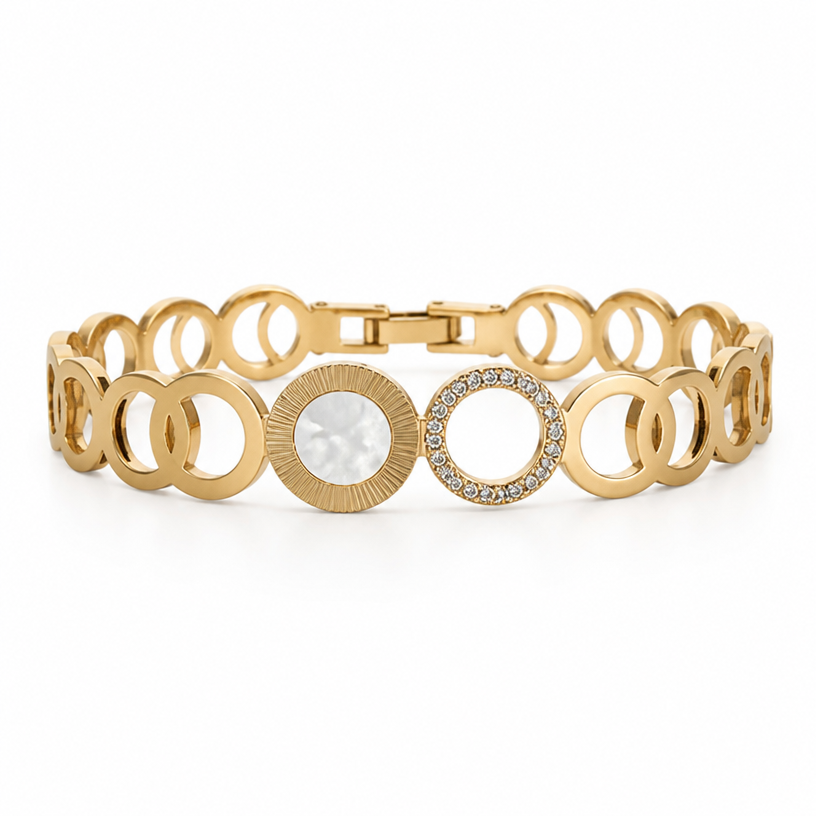 A women's bracelet. Bracelete em aço inox dourado com detalhes elegantes e sofisticados!
using the attached image as a visual reference, create A women's bracelet. Bracelete em aço inox dourado com detalhes elegantes e sofisticados!. photorealistic, just the design no text