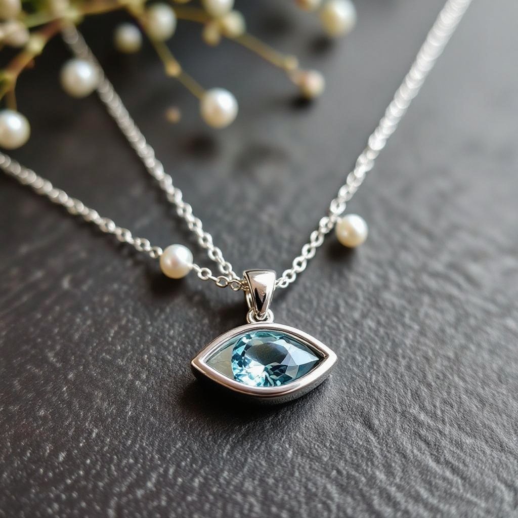 Тонкая цепочка с серебряными шариками и мелкими жемчужными камушками на цепочке есть кулон в форме глаза, зрачок глаза из аквамарина от глаза идет маленькая подвеска с серебряными цепочками разной длины