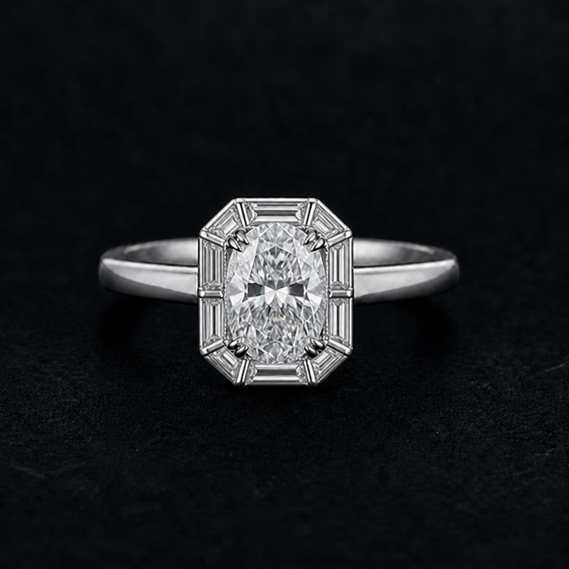 Change halo to mix of large baguettes
edit the attached jewelry design with these instructions: Change halo to mix of large baguettes. keep it photorealistic, just the design no text