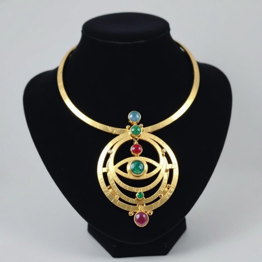 Подвеска из матового золота с узорами и мелкими необработанными камнями в форме двух пересекающихся окружностей и глаза между ними