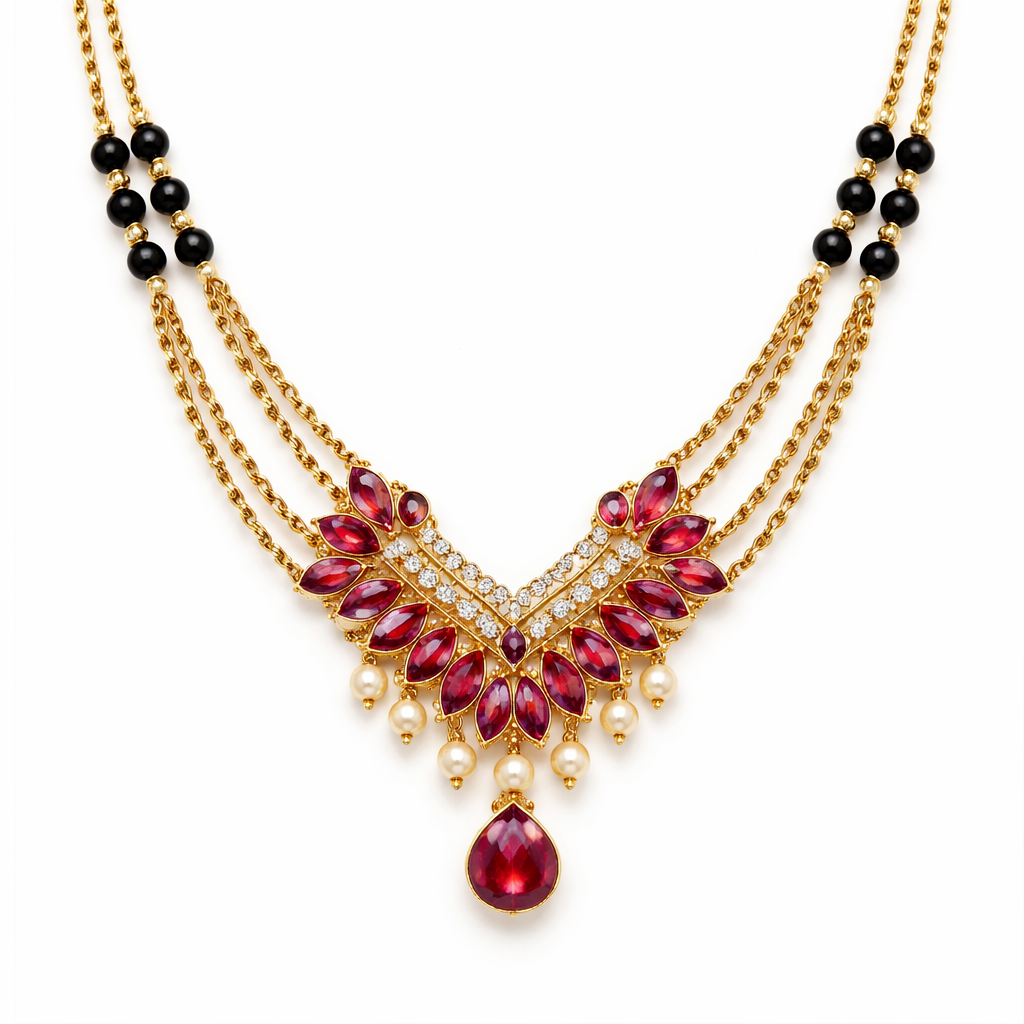 A chain women's necklace made of gold with ruby stones suitable for wedding. make double vada mangalsutra in W Hook make in black beeds 3 place with 3 beeds total beeds count is 18