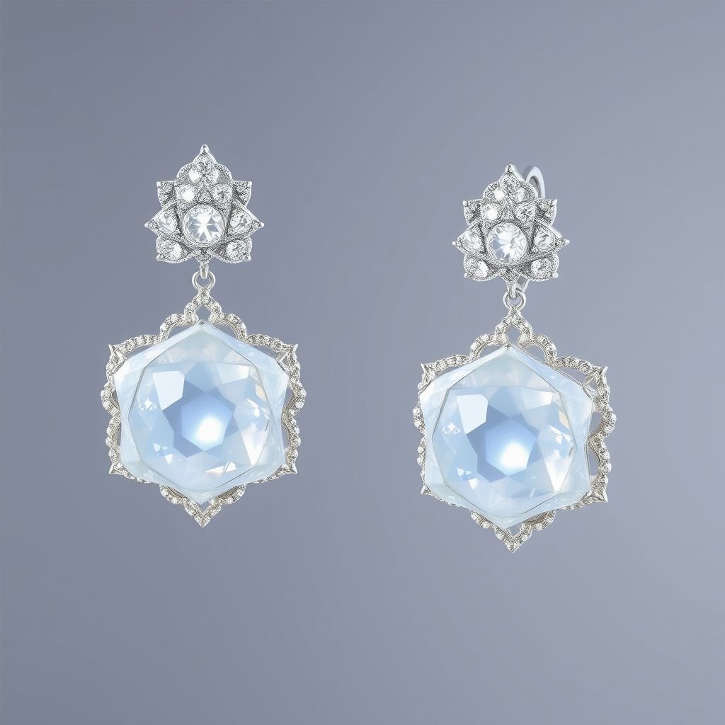 A white gold moonstone rose cut and diamond gemstones trillion, 30, with VVS and D carat earrings