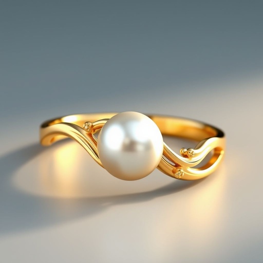 A golden ring with a pearl in the middle, the ring curving into an elegant wave type circle around the pearl. I want it to have a very elegant, simple, and beautiful design. I want the ring symmetrical and the pearl to be a medium size.