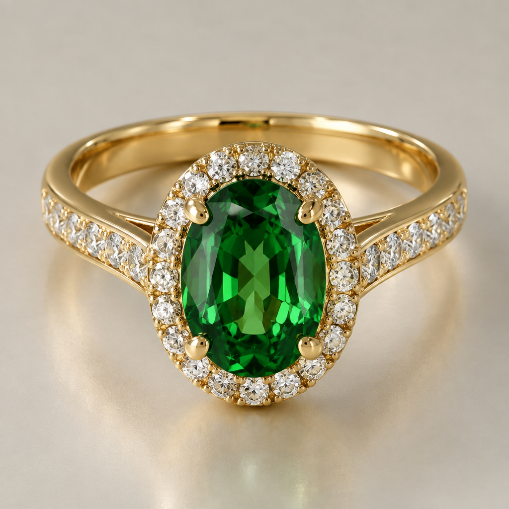 For a ladies ring. Central gemstone is Ovel shape tsavorite. Ring size is 17” by gold.
photorealistic jewelry design, For a ladies ring. Central gemstone is Ovel shape tsavorite. Ring size is 17” by gold. , gemstone style, just the design no text