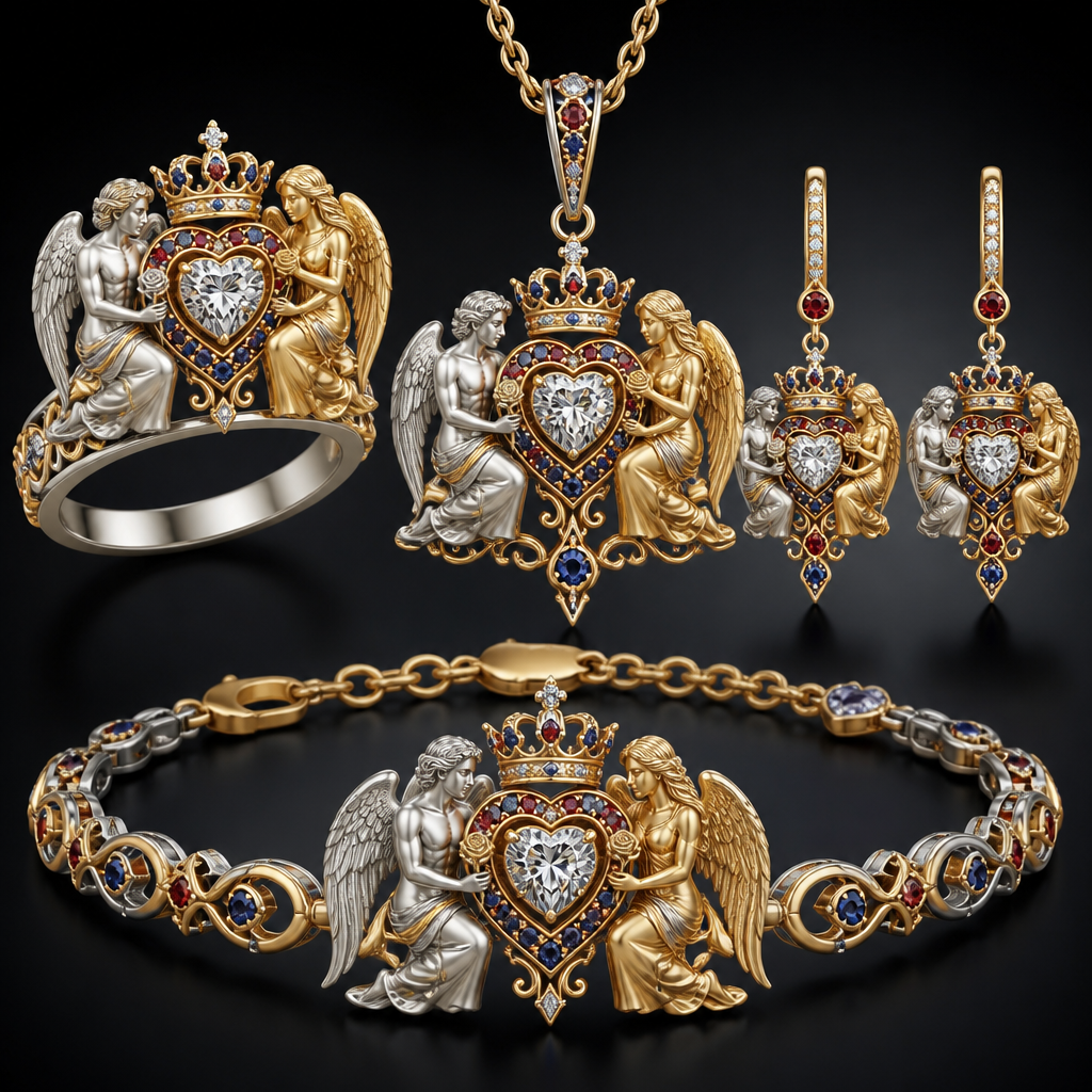 A luxury women's ring made of mixed metal with diamond and ruby and sapphire stones suitable for wedding. An extraordinary beautiful delicate elegant and excellent set of jewelry with a beautiful delicate and elegant ring, two ear rings, a pendant and a bracelet with a heart at the middle and a diamond in the middle of the heart over the heart to be placed a beautiful delicate and elegant queen crown with a diamond in the middle and rubies and sapphires all around the crown, with an extraordinary beautiful delicate and elegant female Angel with a beautiful delicate and elegant face with long hair holding a heart with Her right hand and a rose with Her left hand at the right side of the heart and an extraordinary beautiful delicate and elegant male Angel with an extraordinary beautiful delicate elegant and fit body with a beautiful delicate and elegant face with short hair holding a heart with His right hand and a rose with His left hand at the left side of the heat. Both Angels to be placed to all the items of the set. The Angels to be adult Angels at all the items of the set. The crown to be placed on the heart.
