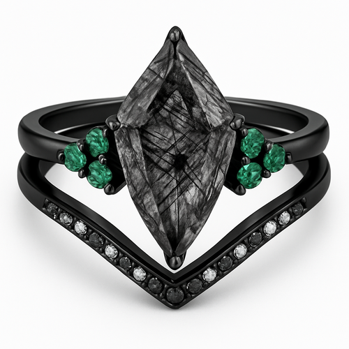 Black band, long kite cut rutilated black quartz, emerald accent stones 3 on each side in a cluster, add a wedding band that curves around the top of the main stone with black and white stones